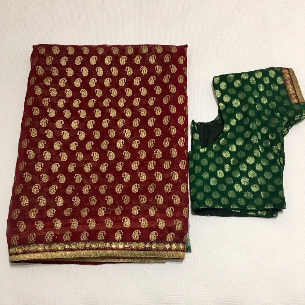 Red and Green Indian Sari Green Blouse